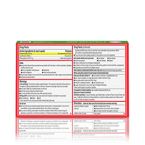 Tylenol Sinus Severe Daytime Caplets with Acetaminophen 325mg, Guaifenesin 200mg & Phenylephrine HCl 5mg, Non-Drowsy Pain Reliever, Expectorant & Nasal Decongestant, 24 ct