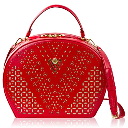 Valentino Orlandi Women's Large Handbag Italian Designer Purse Bowling Bag Top Handle Red Embroidered Genuine Leather Bowler Bag in Laser Cut Gold Design