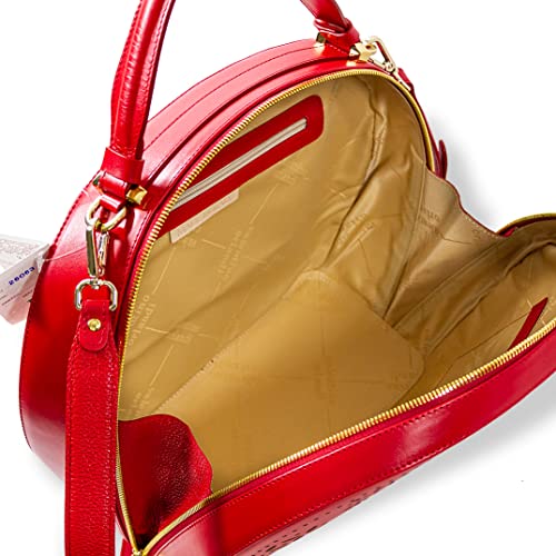 Valentino Orlandi Women's Large Handbag Italian Designer Purse Bowling Bag Top Handle Red Embroidered Genuine Leather Bowler Bag in Laser Cut Gold Design