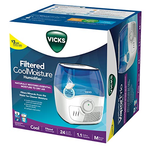 Vicks Filtered Cool Mist Humidifier, Medium Room, 1.1 Gallon Tank - Humidifier for Baby and Kids Rooms, Bedrooms and More, Works with Vicks VapoPads
