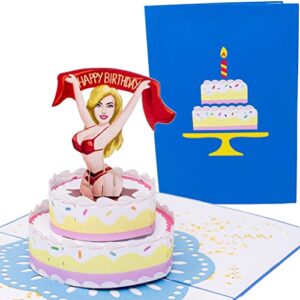 dirty pop cards – surprise girl popping out of cake 3d birthday card, funny happy birthday cards for men, stripper pop up card for husband, boyfriend, him – 1 card 5 x 7 inch, 1 notepaper, 1 envelope