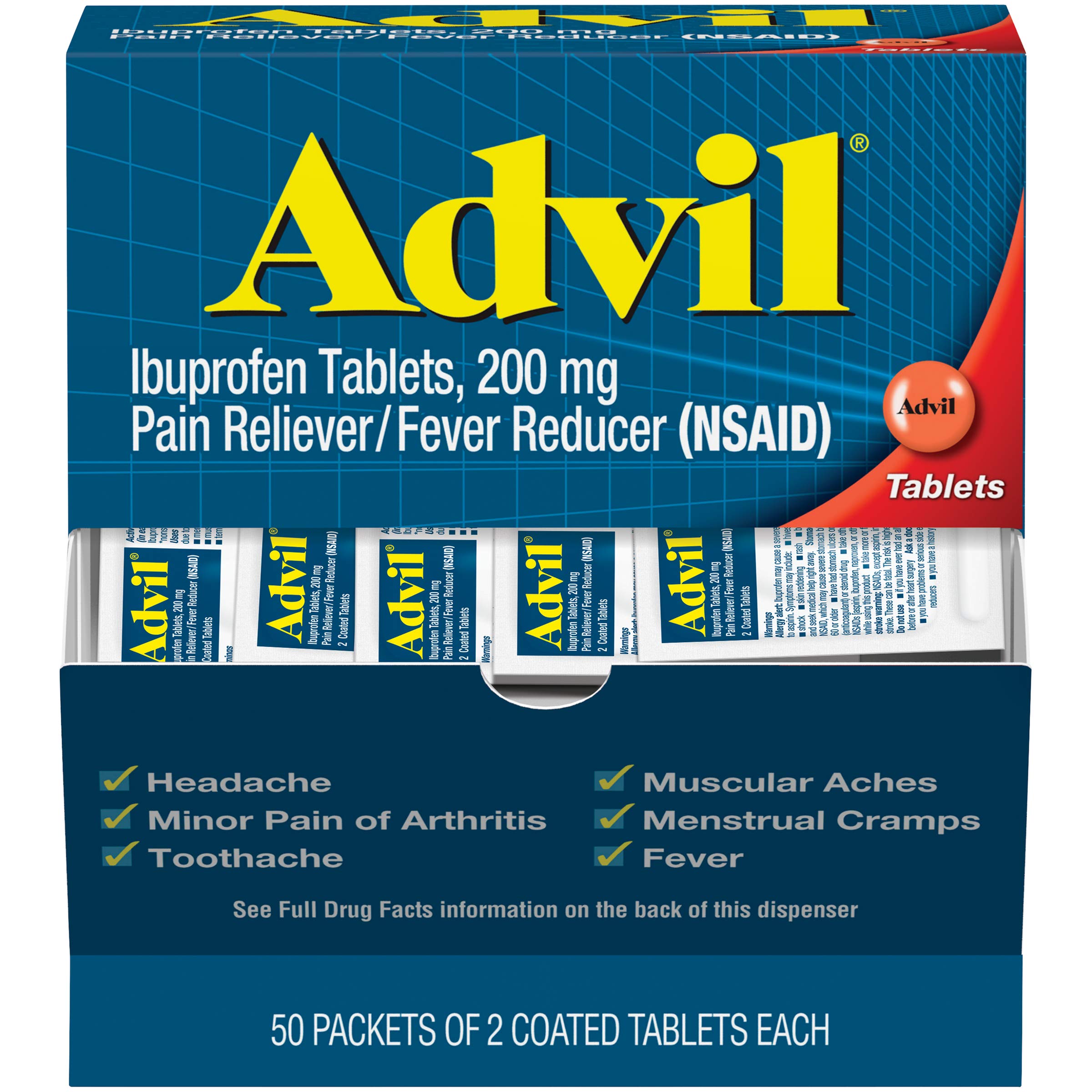 Advil Pain Reliever and Fever Reducer, Pain Relief Medicine with Ibuprofen 200mg for Headache, Backache, Menstrual Pain and Joint Pain Relief - 50x2 Coated Tablets