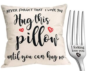 boyfriend gifts long distance, boyfriend gifts from girlfriend, boyfriend gifts for birthday, hug this pillow until you can hug me, 18×18 inch pillow cover + fork gift set,