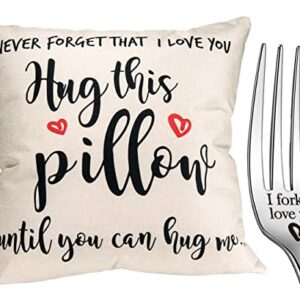 Boyfriend Gifts Long Distance, Boyfriend Gifts from Girlfriend, Boyfriend Gifts for Birthday, Hug This Pillow Until You Can Hug Me, 18x18 inch Pillow Cover + Fork Gift Set,