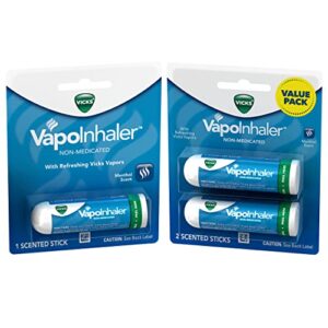 VapoInhaler, On-the-Go Portable Nasal Inhaler, Non-Medicated, With Refreshing Vicks Vapors, Menthol Scent, 3 Scented Sticks