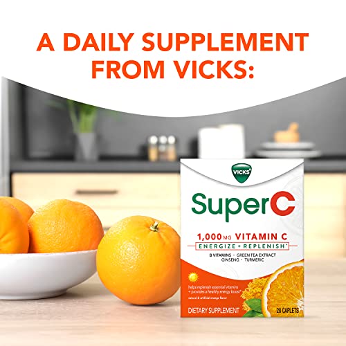 Vicks Super C Energize and Replenish* Daytime Daily Supplement with Vitamin C, B Vitamins Plus a Blend of Herbal Extracts, Coated to be Easy to Swallow, from The Makers of Vicks, 28ct