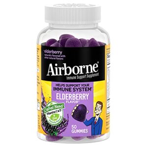 airborne elderberry + zinc & vitamin c gummies for adults, immune support vitamin d & zinc gummies with powerful antioxidant vitamins c d & e – 50 gummies, elderberry flavor