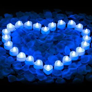 blue rose petals for romantic night for him set, cridoz 2000 pieces artificial rose petals with 24 pieces blue flameless led candles for decoration wedding party valentine’s day(blue)