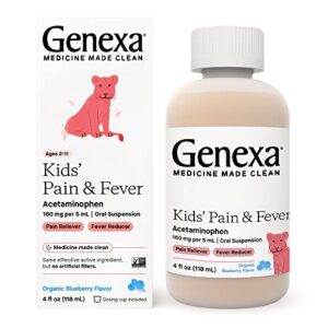 genexa children’s acetaminophen pain and fever reducer | 160 mg per 5ml | made with delicious organic blueberry flavor | 4 fluid ounces
