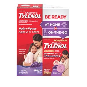 tylenol children’s liquid (4 fl. oz) & chewable (24 ct), pain relief, grape, 2 pc bundle