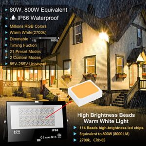 LED Flood Light Outdoor 800W Equivalent, Bluetooth Smart Color Change Landscape Lighting, DIY-Scene+RGB Colors+Warm White 2700K - APP & Group Control & Timing, IP66 Waterproof US 3-Plug Up Light 4Pack