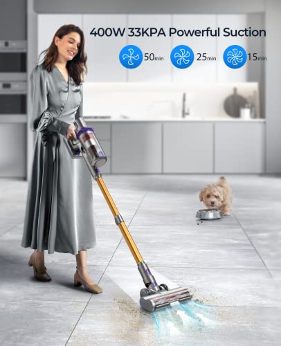 Laresar Cordless Vacuum Cleaner, 400W/33000pa Stick Vacuum Cleaner with Touch Screen, Up to 50 Mins Runtime, Handheld Anti-Tangle Vacuum Cleaner, Edge Cleaning, Pet Hair, Carpet and Hardwood Floor