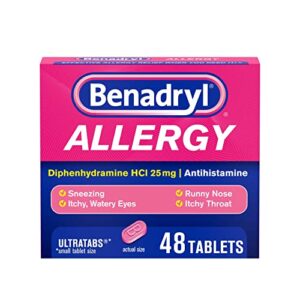 benadryl ultratabs antihistamine allergy relief tablets, diphenhydramine hcl 25mg, 48 ct