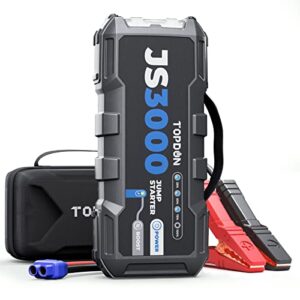 car battery jump starter, topdon js3000 12v 3000a battery booster jump starter pack for up to 9l gas/ 7l diesel engines, portable car battery charger with handle jumper cable and eva protection case