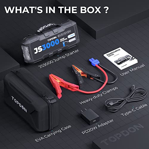 Car Battery Jump Starter, TOPDON JS3000 12V 3000A Battery Booster Jump Starter Pack for Up to 9L Gas/ 7L Diesel Engines, Portable Car Battery Charger with Handle Jumper Cable and EVA Protection Case