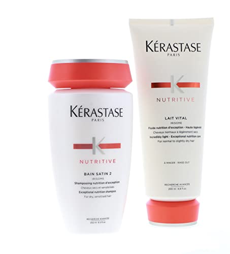 Kerastase Nutritive Bain Satin 2 Shampoo 8.5 Ounce and Lait Vital Conditioner 6.8 Ounce Set