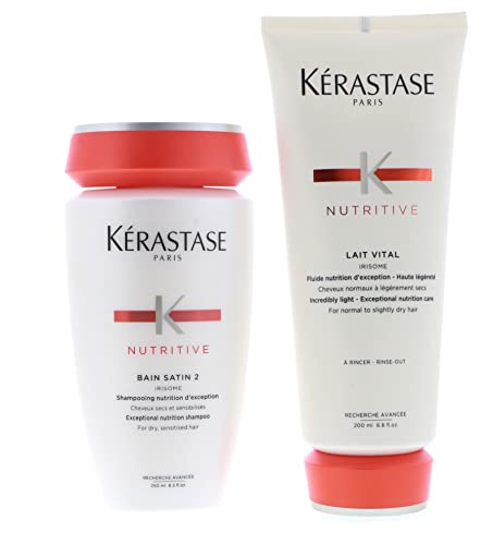 Kerastase Nutritive Bain Satin 2 Shampoo 8.5 Ounce and Lait Vital Conditioner 6.8 Ounce Set