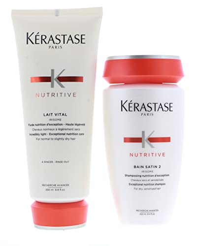 Kerastase Nutritive Bain Satin 2 Shampoo 8.5 Ounce and Lait Vital Conditioner 6.8 Ounce Set