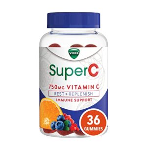 vicks superc vitamin c gummies, rest & replenish, immune support (vitamin c, ashwagandha, echinacea, chamomile) citrus berry flavored, 36 gummies