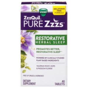 vicks zzzquil pure zzzs, restorative herbal sleep, melatonin free plant-based sleep supplement , 40 tablets (pack of 4)