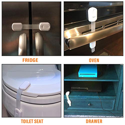 Child Safety Cabinet Locks - (10 Pack) Baby Proofing Latches to Drawer Door Fridge Oven Toilet Seat Kitchen Cupboard Appliance Trash Can with 3M Adhesive - Adjustable Strap No Drill No Tool