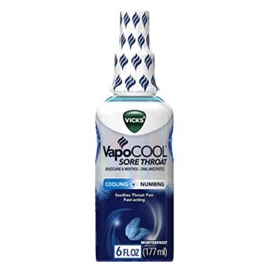 vicks vapocool sore throat spray, powerful sore throat numbing relief, soothes throat pain, fast-acting, with benzocaine & menthol – oral anesthetics, winterfrost flavor, 6 fl oz