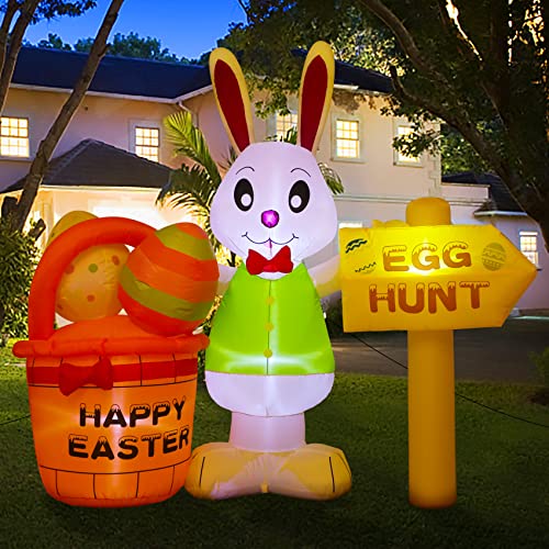 6FT Easter Inflatable Outdoor Decorations Easter Inflatable Bunny and Eggs Basket with Led Lights Blow Up Yard Decorations for Holiday Party (Easter Bunny)