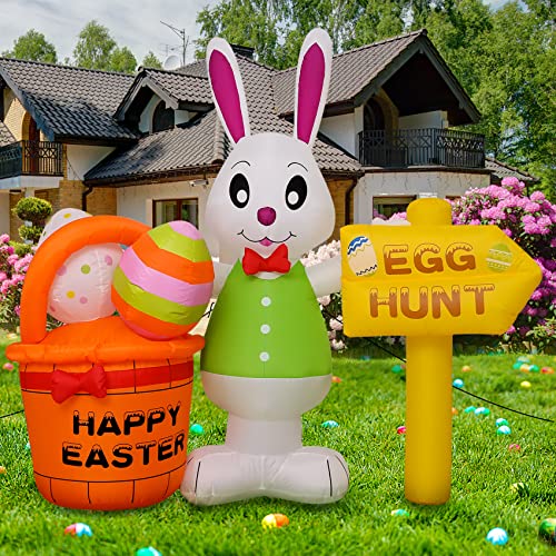 6FT Easter Inflatable Outdoor Decorations Easter Inflatable Bunny and Eggs Basket with Led Lights Blow Up Yard Decorations for Holiday Party (Easter Bunny)