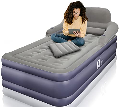 A-ER-FA Twin XL Size Air Mattress with Headboard , 3 Mins Quick Inflation/Deflation Inflatable Airbed , 20 Inches High Blow Up Bed with Comfortable Flocked Top for Home Guest Travel Camping (Twin XL)