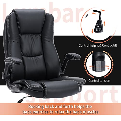 High Back Big and Tall Office Chair, Leather Executive Chair, Ergonomic Home Computer Desk Leather Chair with Flip-up Arms, Comfortable Double Thickening Padded Office Chair