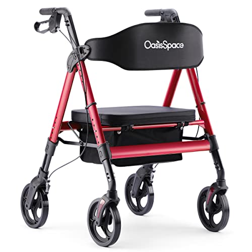 OasisSpace Heavy Duty Rollator Walker - Bariatric Rollator Walker with Large Seat for Seniors Support Up 450 lbs (Red)