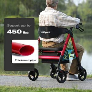 OasisSpace Heavy Duty Rollator Walker - Bariatric Rollator Walker with Large Seat for Seniors Support Up 450 lbs (Red)