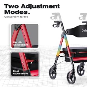 OasisSpace Heavy Duty Rollator Walker - Bariatric Rollator Walker with Large Seat for Seniors Support Up 450 lbs (Red)