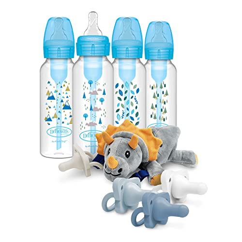 Dr. Brown’s Natural Flow® Anti-Colic Options+™ Narrow Baby Bottles 8 oz/250 mL, Blue Nature 4 Pack, with HappyPaci Pacifiers and Lovey Holder, Triceratops