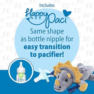 Dr. Brown’s Natural Flow® Anti-Colic Options+™ Narrow Baby Bottles 8 oz/250 mL, Blue Nature 4 Pack, with HappyPaci Pacifiers and Lovey Holder, Triceratops