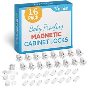 16 pack child safety magnetic cabinet locks – vmaisi children proof cupboard baby locks latches – adhesive for cabinets & drawers and screws fixed for durable protection