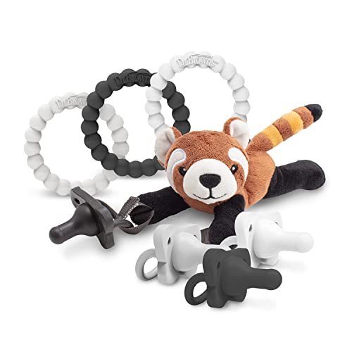 Dr. Brown's HappyPaci 100% Silicone Pacifier, Flexees Beaded Teether Rings, and Lovey Pacifier Holder & Teether Clip, Red Panda