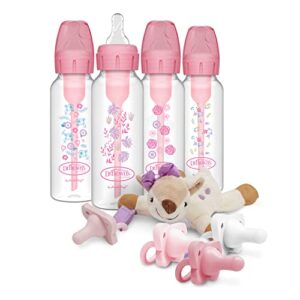 dr. brown’s natural flow® anti-colic options+™ narrow baby bottles 8 oz/250 ml, pink floral 4 pack, with happypaci pacifiers and lovey holder, deer