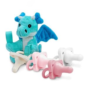 dr. brown’s baby lovey pacifier holder & teether clip, soft plush stuffed animal dragon pacifier tether with four-piece happypaci pacifier, 100% silicone, 0-6m