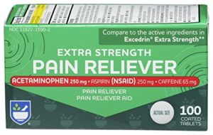 rite aid extra strength pain reliever, acetaminophen 250mg, aspirin 250mg, caffeine 65mg – 100 tablets | pain reliever / fever reducer | nsaid anti-inflammatory | migraine relief products