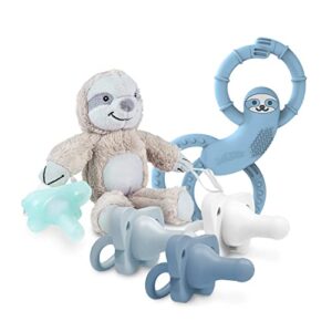 dr. brown’s happypaci 100% silicone pacifier, flexees beaded teether rings, and lovey pacifier holder & teether clip, blue sloth
