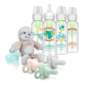 dr. brown’s natural flow® anti-colic options+™ narrow baby bottles 8 oz/250 ml, dream adventure 4 pack, with happypaci pacifiers and lovey holder, sloth