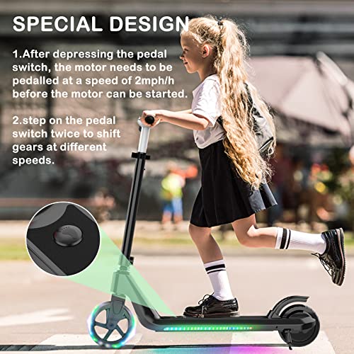 LINGTENG Electric Scooter for Kids Age of 6-10, Up to 6 mph and 80 min Ride Time, Kick-Start Boost Kids Scooter with Adjustable Speed and Height, Kids Scooter with Flash Wheel & Deck Lights（Black）