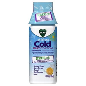 vicks children’s multi-symptom cold relief from cough, sore throat, fever; free of: artificial dyes & flavors, high fructose corn syrup & alcohol, citrus orange flavor, for children ages 6+, 6 fl oz