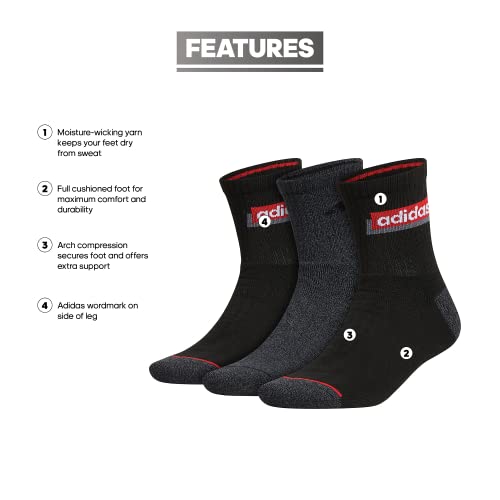 adidas Men's Sport Linear High Quarter Socks (3-Pair), Black/Onix Grey/Vivid Red, Large