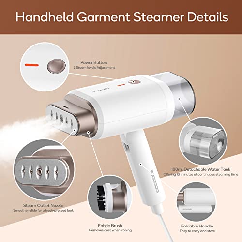 Newbealer Handheld Steamer for Clothes, Horizontal & Vertical Steaming, 2 Steam Levels 20s Heat Up, Foldable, Dry Ironing, Portable 1200W 180ml Fabric Wrinkle Remover with Brush and Anti-heat Glove