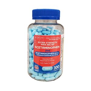 rite aid extra strength pain relief acetaminophen pm caplets, 500mg acetaminophen / 25mg diphenhydramine – 300 count – nighttime pain reliever + sleep aid