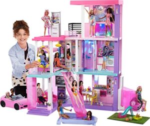 barbie 60th celebration dreamhouse playset (3.75 ft) with 2 exclusive dolls, car, pool, slide, elevator, lights & sounds, 100+ pieces, 3 year olds & up