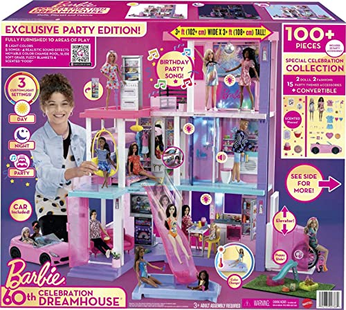 Barbie 60th Celebration DreamHouse Playset (3.75 ft) with 2 Exclusive Dolls, Car, Pool, Slide, Elevator, Lights & Sounds, 100+ Pieces, 3 Year Olds & Up