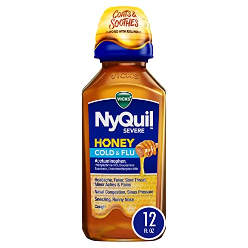 Vicks NyQuil Severe Honey Cold and Flu Medicine, Maximum Strength, Relieves Cough, Sore Throat, Fever, Congestion, 12 Oz